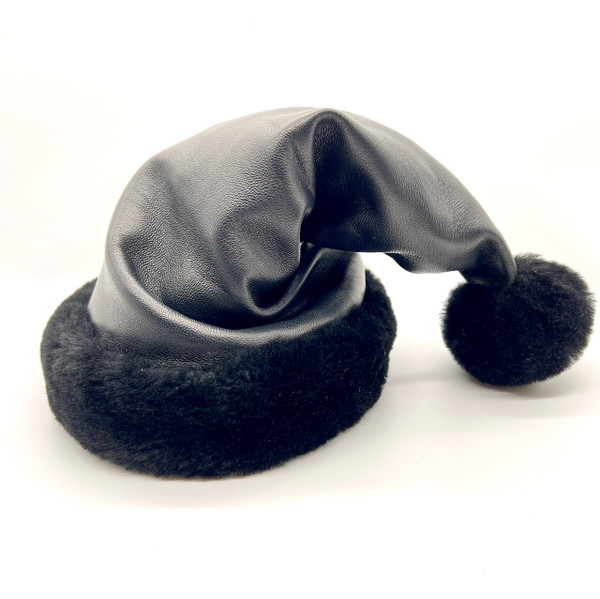 Black Leather Santa Hat with Black Wool Trim