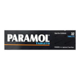 Side1: Paramol Tablets 32-Pack Box - Black Packaging with White Text, Blue and Orange Accents, Displaying Product Name and Trademark Information.