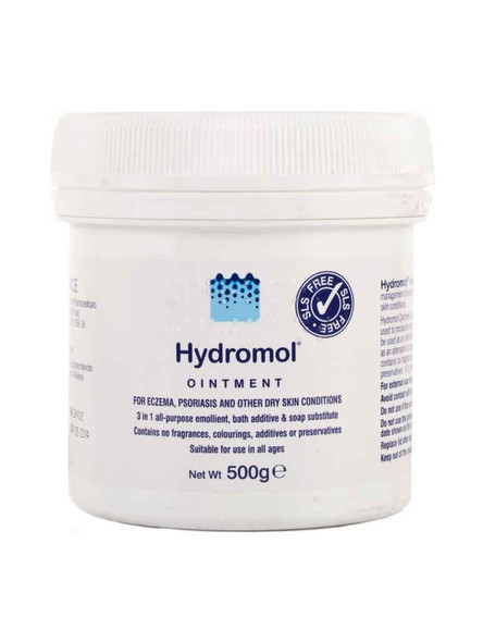 A 500g pack of Hydromol Ointment, highlighting its effective formula for hydrating and protecting dry skin.