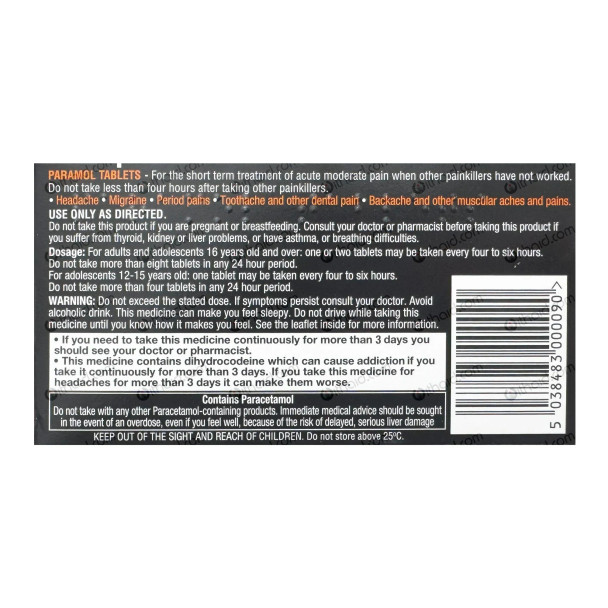 Back: Paramol Tablets Packaging Back Panel - Usage Instructions, Dosage Guidelines, Warnings for Addiction Risks, Paracetamol Content Information, and Storage Instructions with Barcode Displayed.