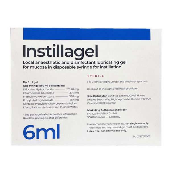 Instillagel Anaesthetic Disinfectant Lubricating Gel 10 x 6ml