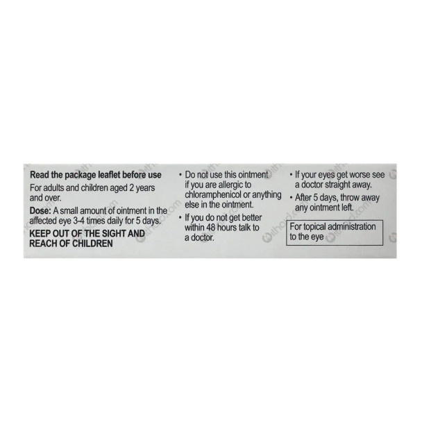 Side1: Numark Chloramphenicol 1% w/w Eye Ointment side panel outlining purpose of medication, dosage advice and warnings about use.