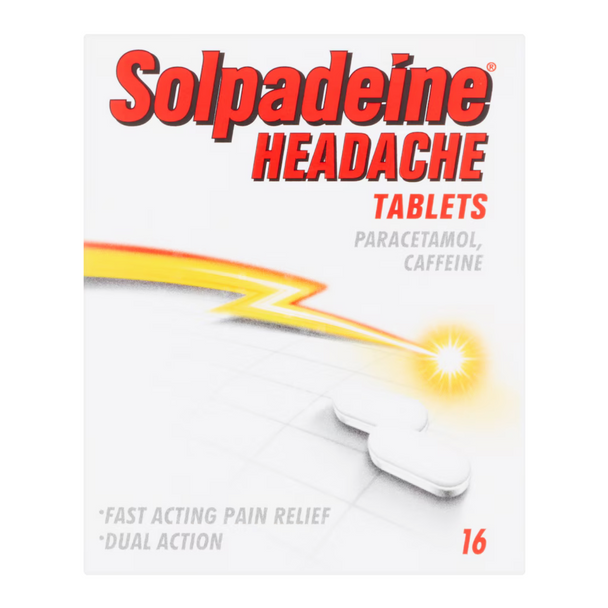 Front of Solpadeine Headache Tablets pack showing “Paracetamol, Caffeine”, “FAST ACTING PAIN RELIEF”, “DUAL ACTION”, and pack size 16, with an image of two tablets on the design.