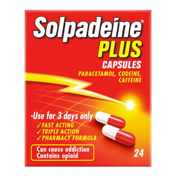 Front of Solpadeine Plus Capsules pack showing “PARACETAMOL, CODEINE, CAFFEINE”, “Use for 3 days only”, “FAST ACTING”, “TRIPLE ACTION”, “PHARMACY