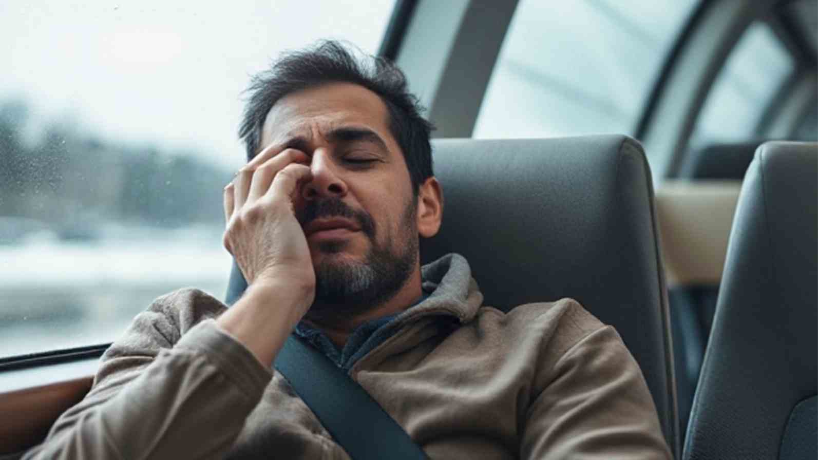 A man rests on a train, his expression suggesting he is coping with motion sickness during the journey.
