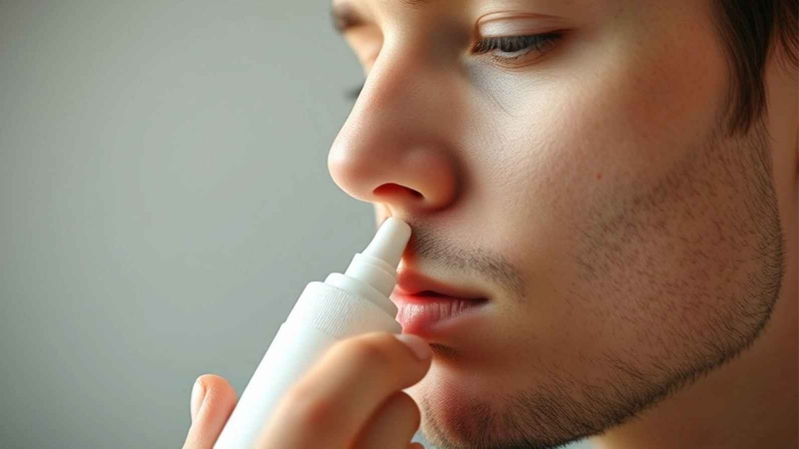  A man utilises  a hayfever nasal spray for nasal relief.  