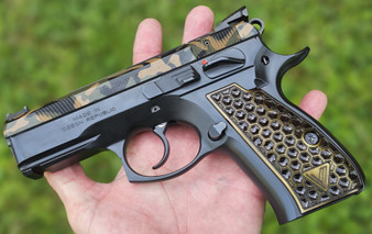 Vytal Manufacturing's signature Black & Olive Drab Green Two Tone color anodizing, applied to a set of their iconic Kraken grips and displayed on a CZ handgun.