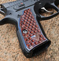 Vytal Manufacturing's signature Blue & Brown Two Tone color anodizing, applied to a set of their iconic Kraken grips and displayed on a CZ handgun.