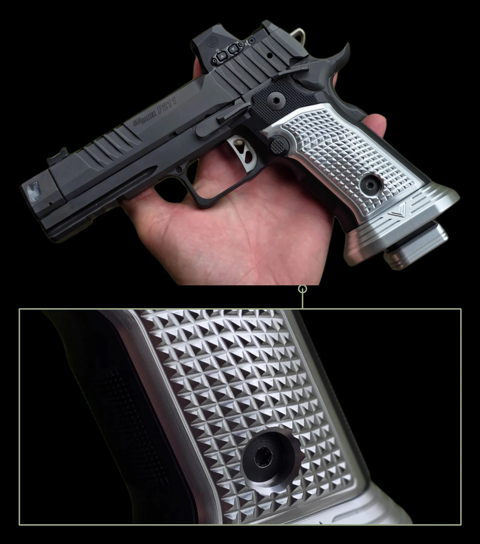 SIG P211 with Vytal Competition Rough Riders palm swell grips and a Competition magwell in Silver, with a detail callout of the 7 LPI checkering
