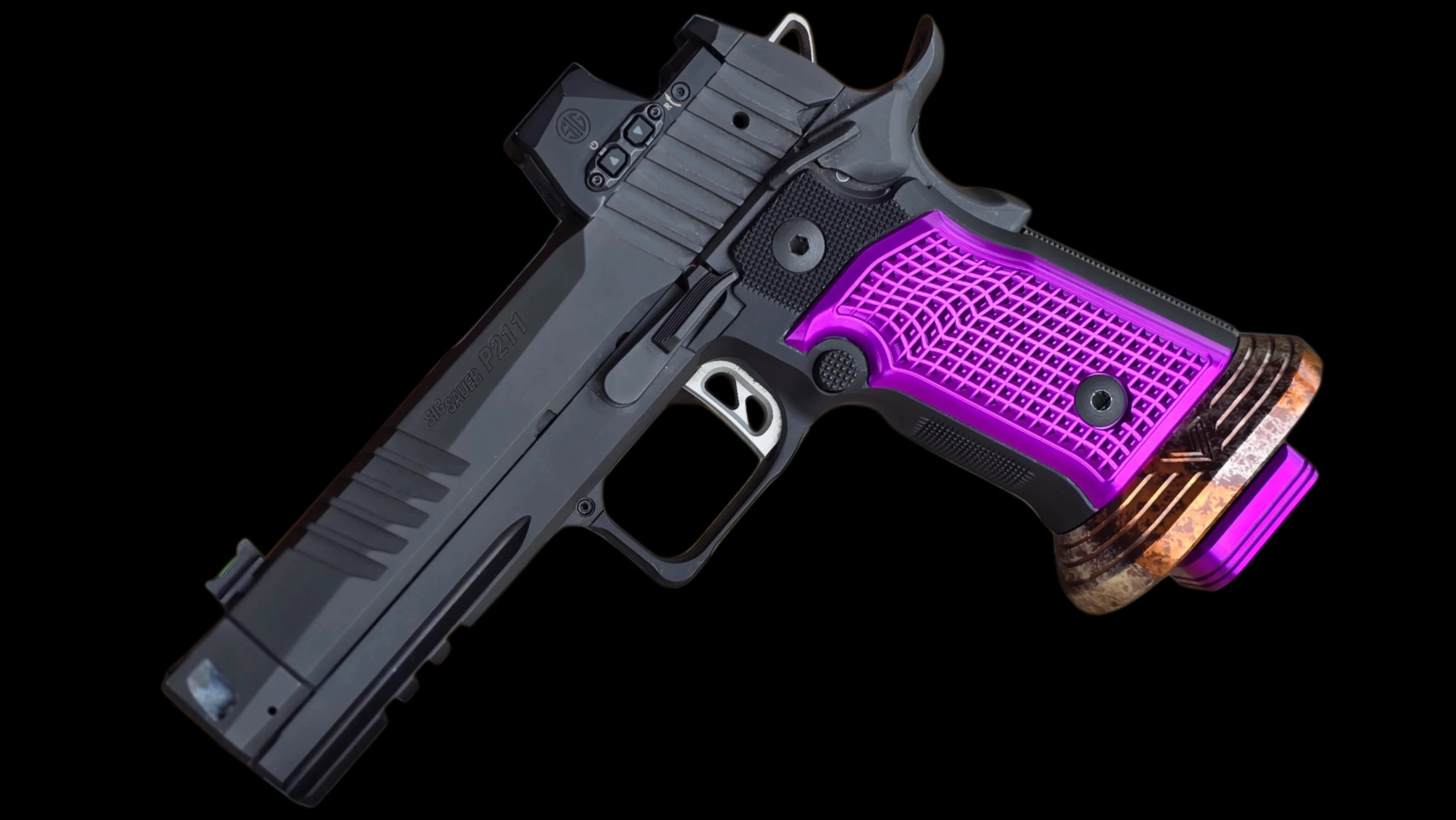 SIG P211 fitted with Vytal Competition Rough Riders grips in Purple