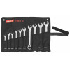 Open ended spanner/ratchet ring spanner set, in a wallet reversible 15° offset 10