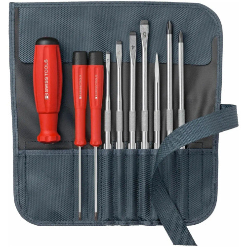 Screwdriver set with interchangeable blades in a compact roll-up case available in 6 attractive colors