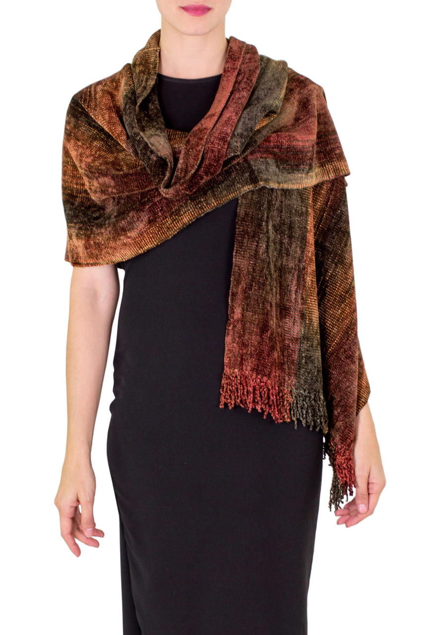Rayon Chenille Patterned Women's Shawl - Tropical Volcano