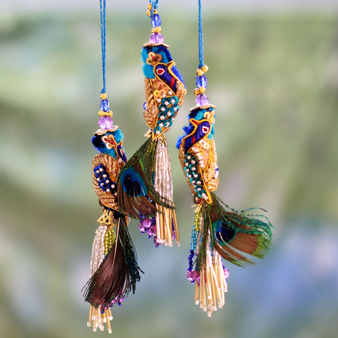 Set of 4 Dried Gourd Peacock Ornaments from Peru - Andean Peacocks