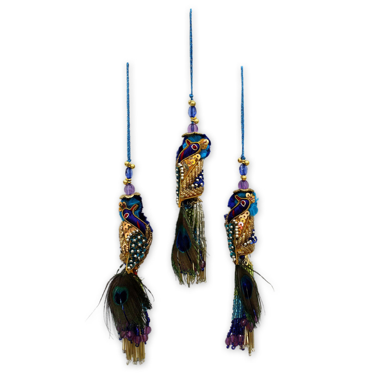 Set of 4 Dried Gourd Peacock Ornaments from Peru - Andean Peacocks