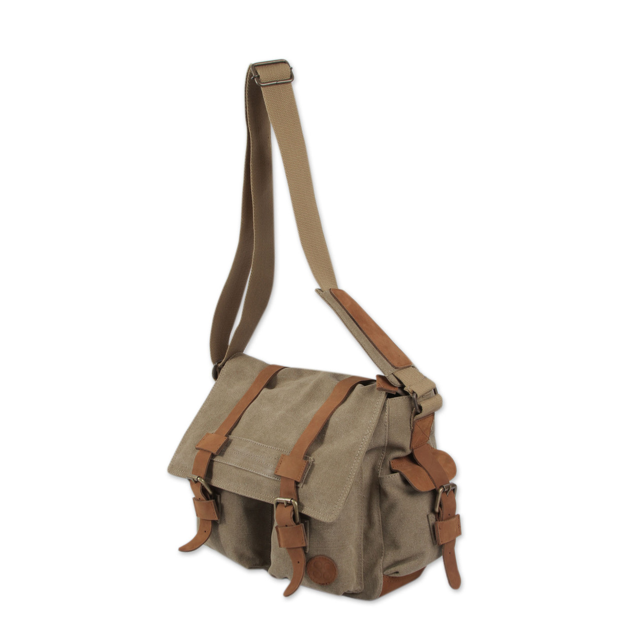 Tan and Brown Leather Accent Roomy Canvas Messenger Bag 'Journey