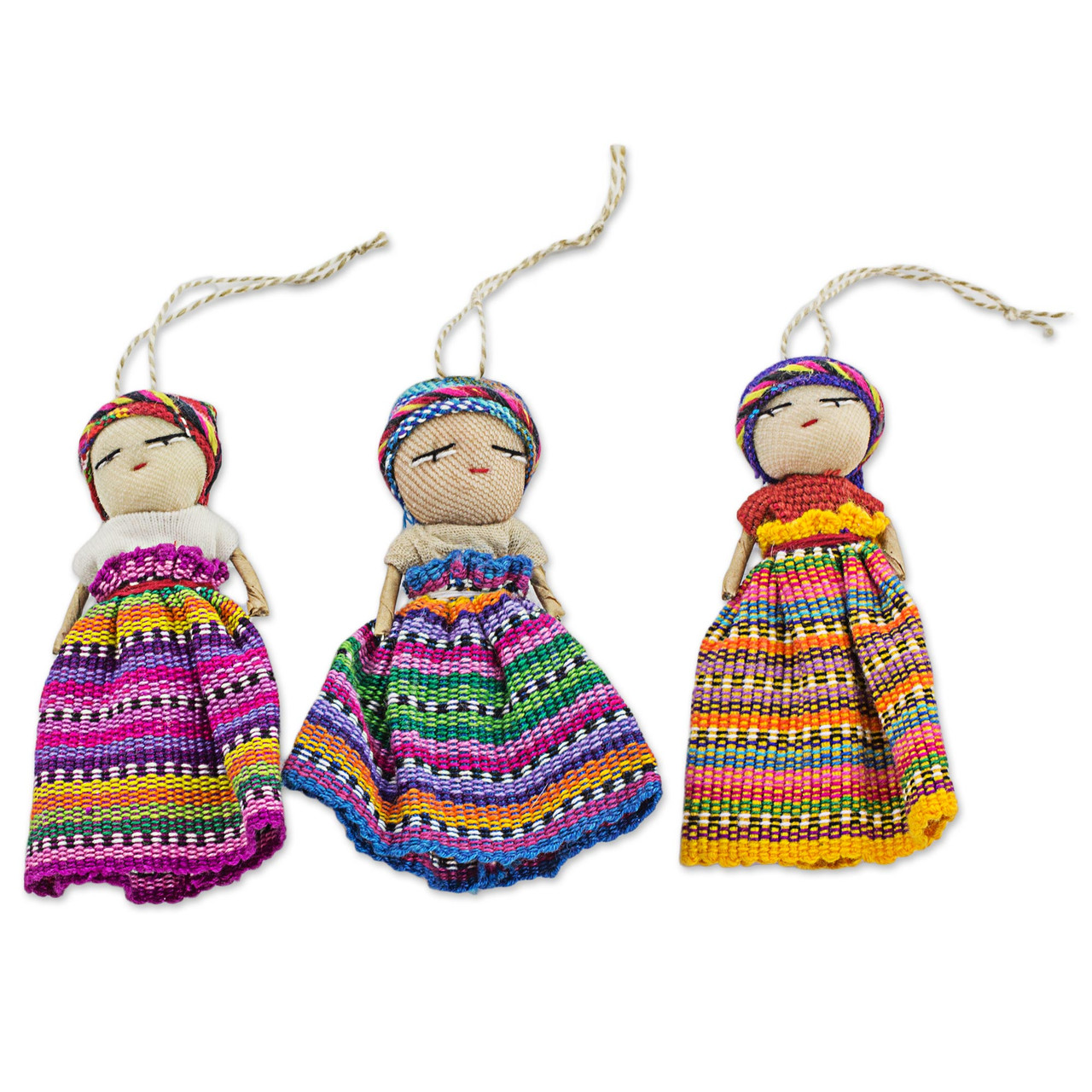 Hand Made Cotton Figurines and Bag Set of 12 Guatemala 'Worry Doll