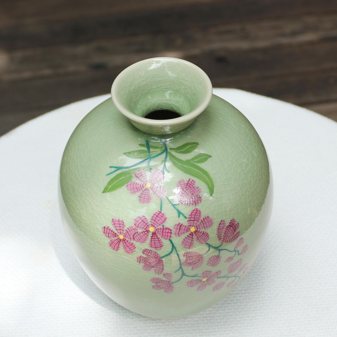 Hand Crafted Celadon Ceramic Floral Vase from Thailand 'Round