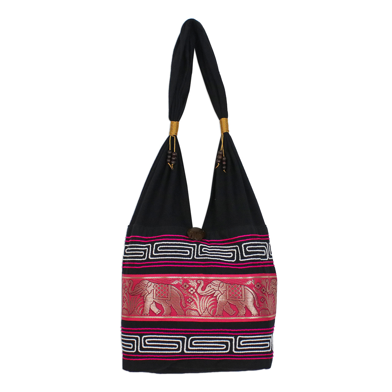 Floral Cotton Shoulder Bag from Thailand - Floral Nighttime | NOVICA