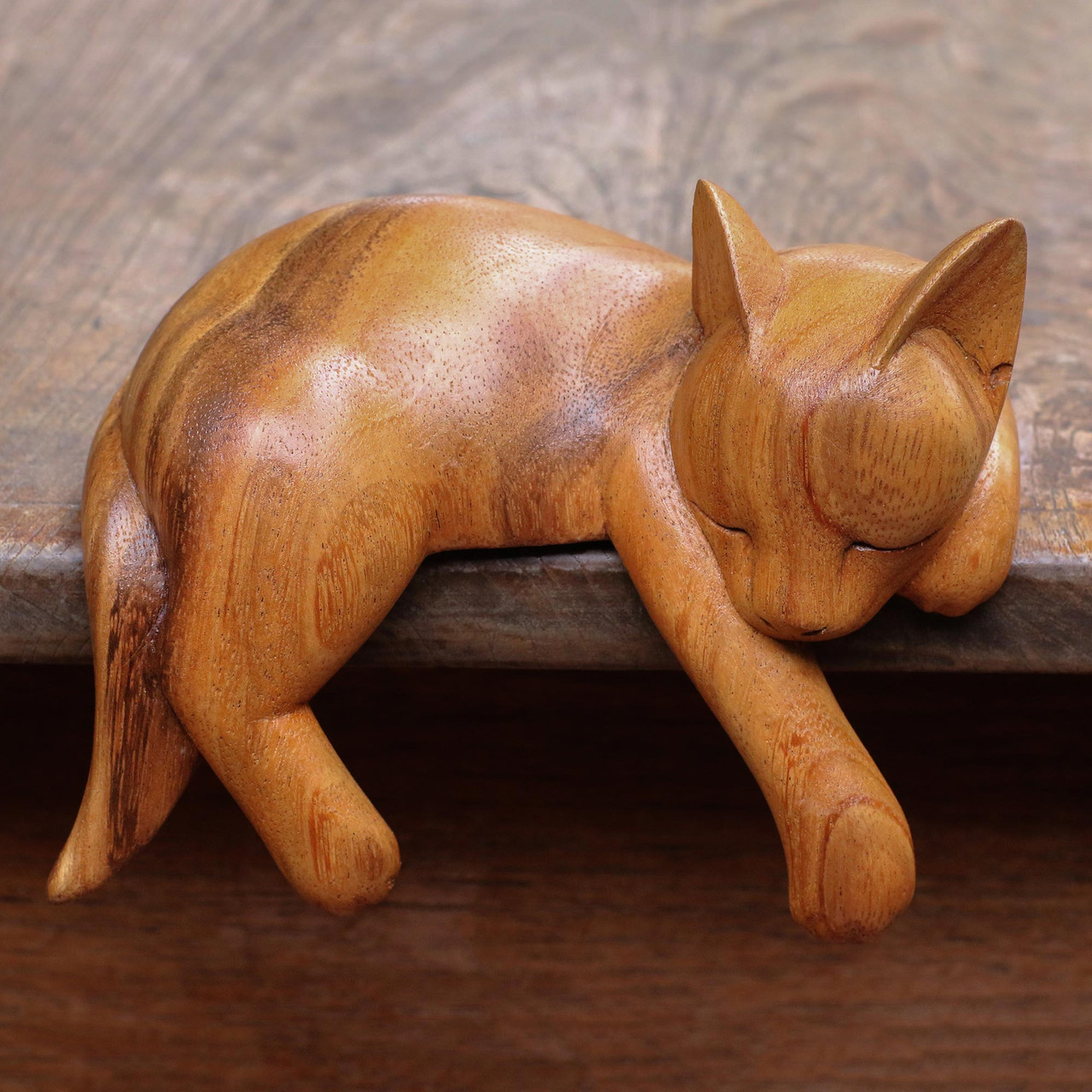 Natural Finish Suar Wood Sleeping Cat Sculpture from Bali