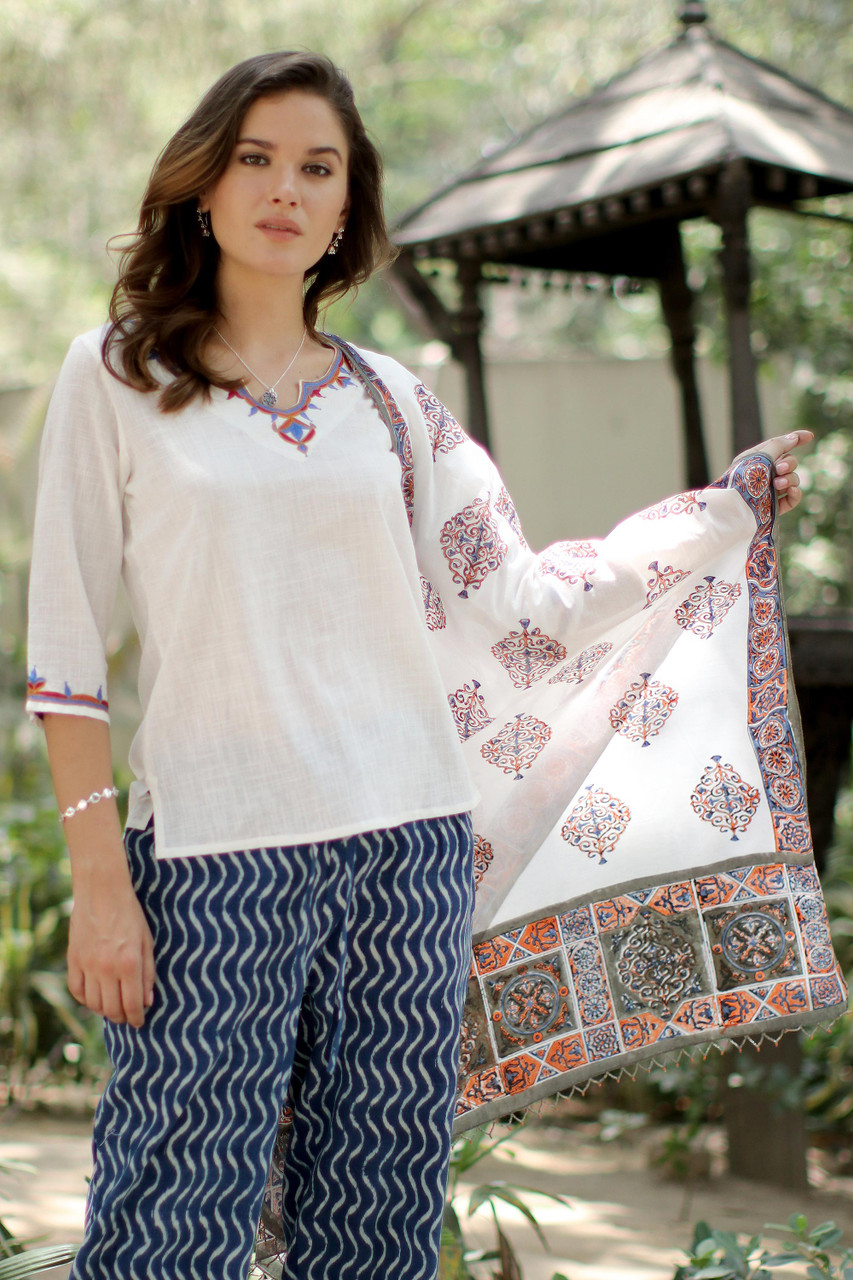 Block-Printed Cotton Tunic from India, 'Mughal Glory