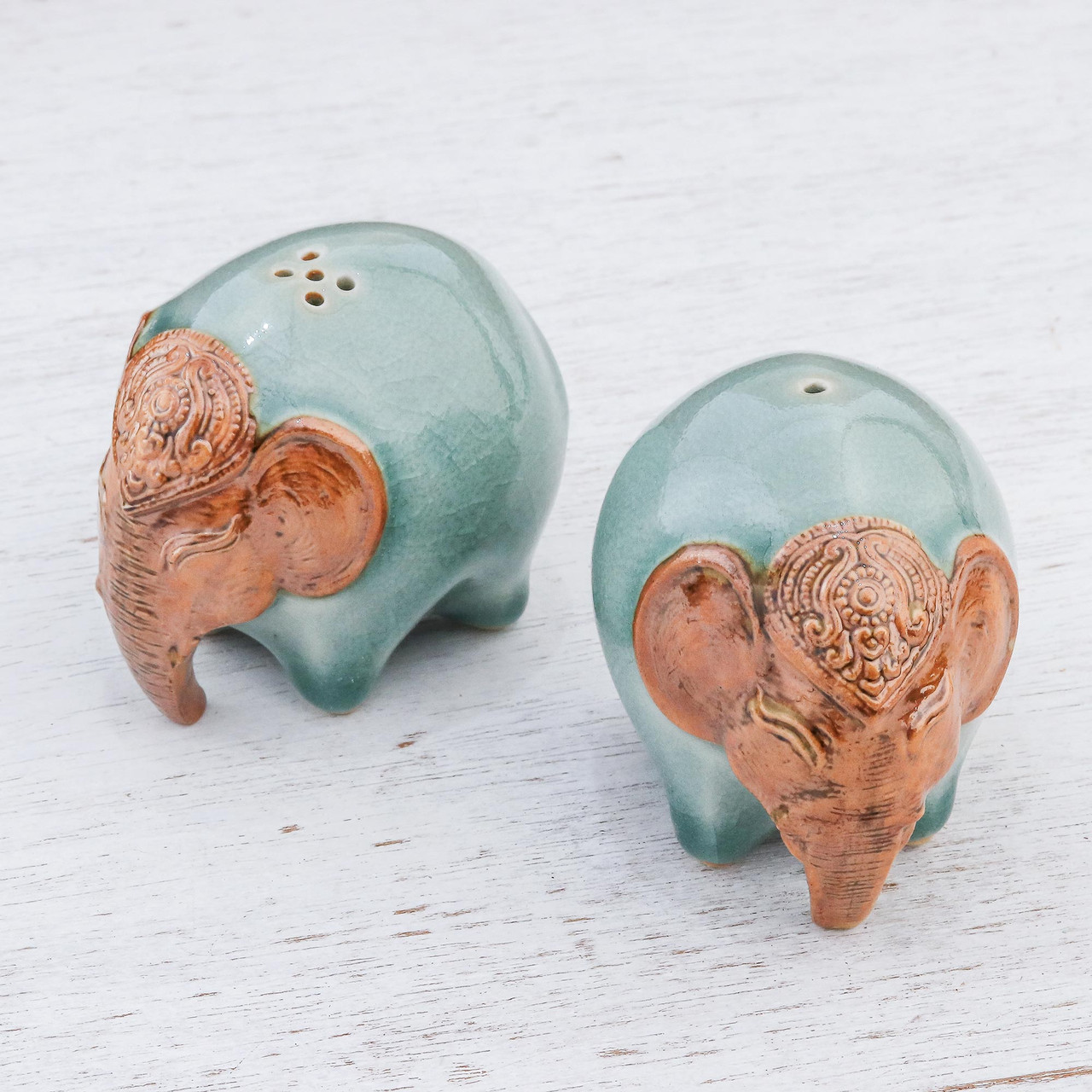 Celadon Ceramic Elephant Salt and Pepper Shakers Pair 'Round Elephants in  Green' - Road Scholar World Bazaar