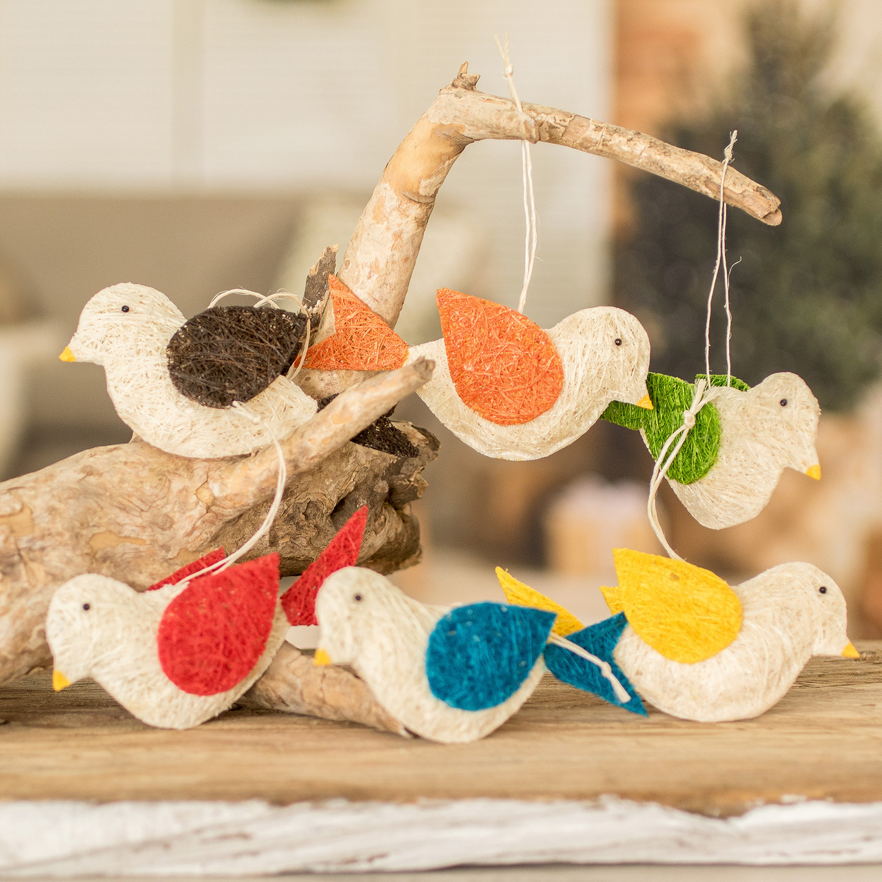 Set of 6 Handmade Felt Heart Ornaments with Doves, 'Love Doves