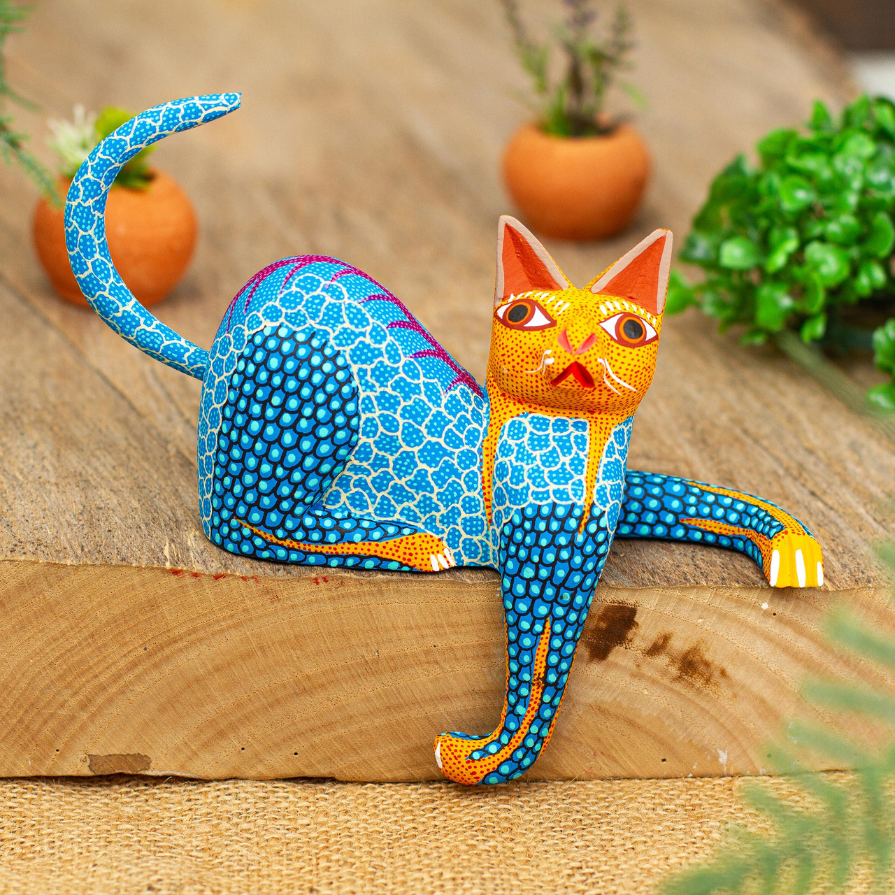 Wood Cat Alebrije Figurine in Teal Hand-Painted in Mexico, 'Curious Cat in  Teal