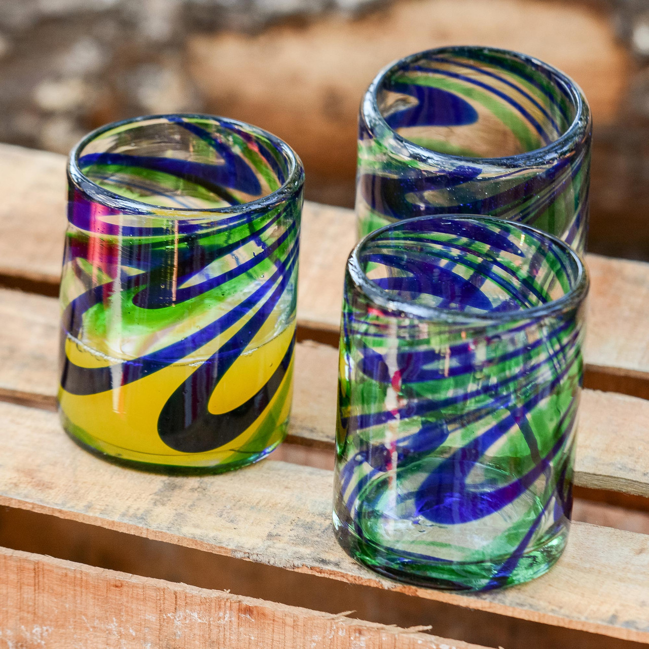 Handblown Glass Recycled Blue Tumblers Drinkware (Set of 6) - Pure