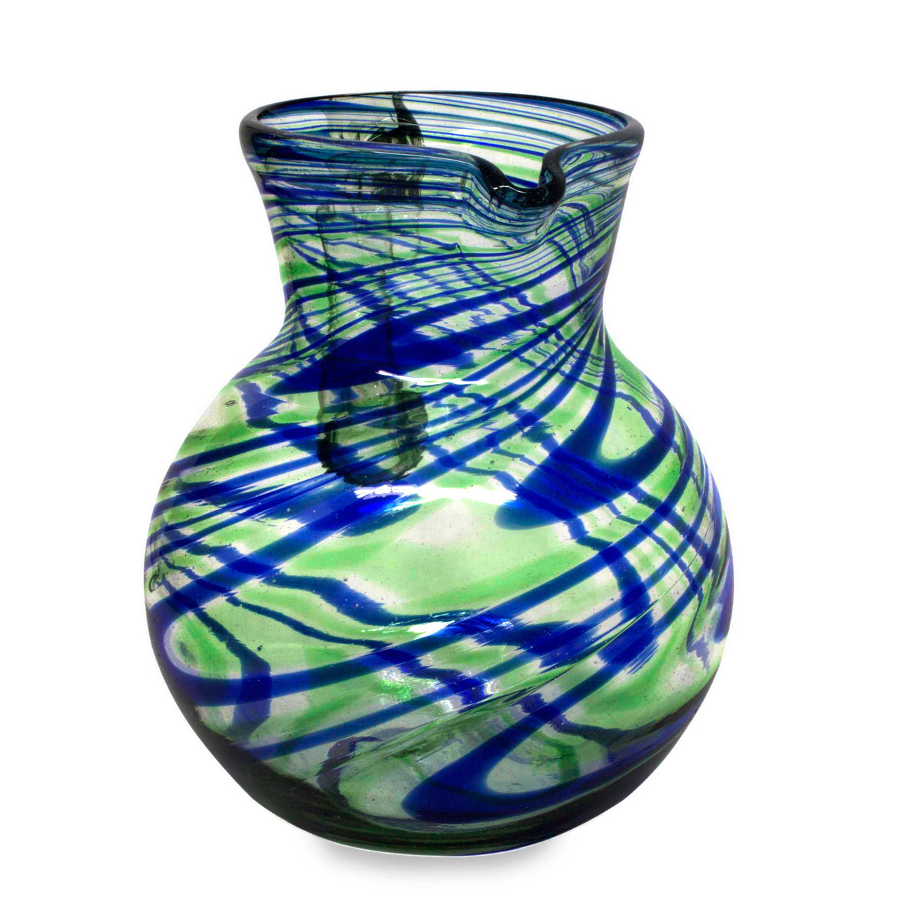 Blue and Green Swirls Hand Blown Glass Pitcher (84 oz) - Elegant Energy