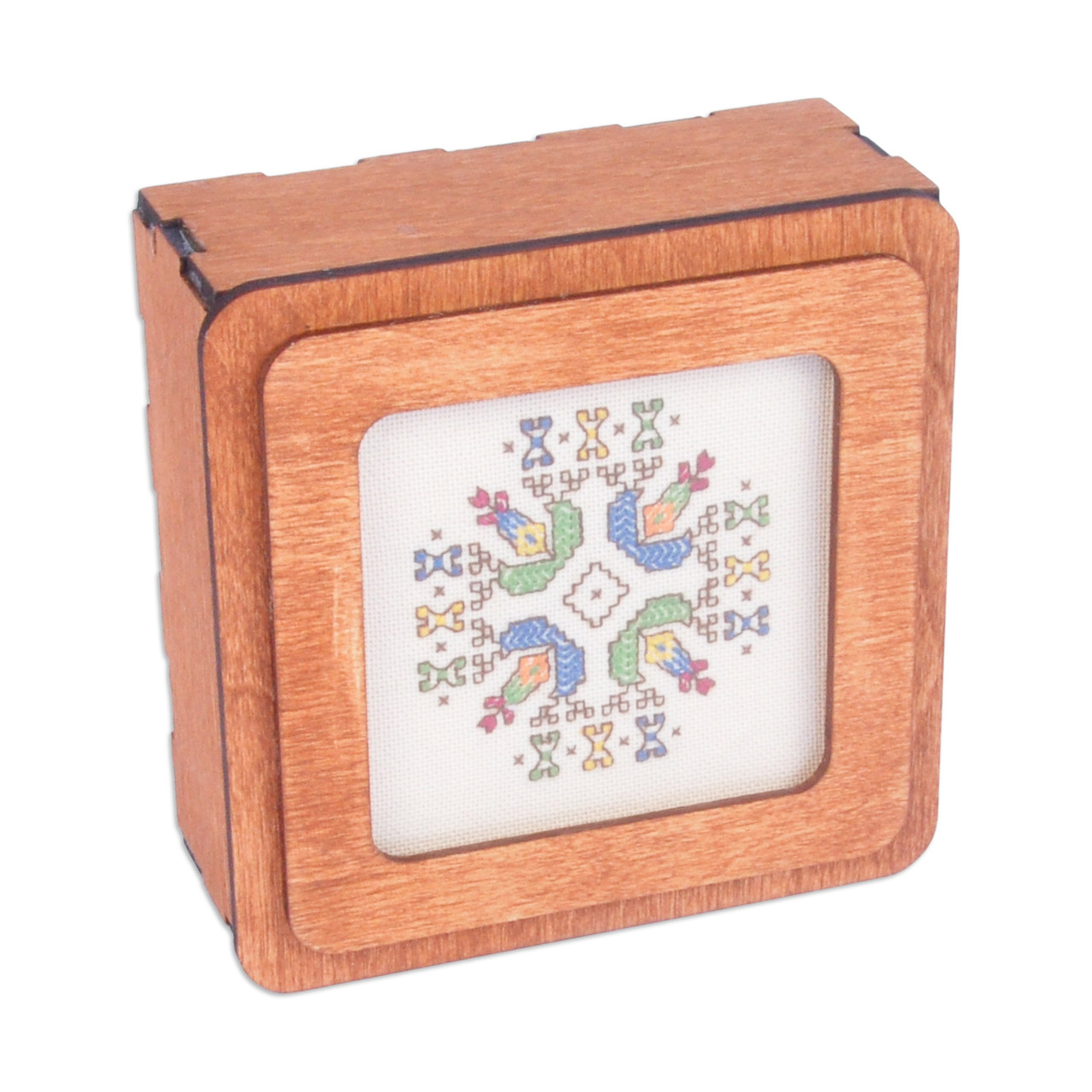 Handmade Wood Jewelry Box Topped by Cotton Embroidered Motif, 'Charming  Lotus