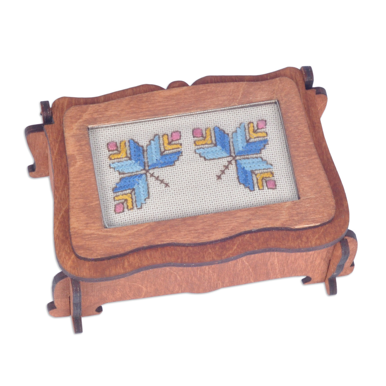 Handmade Wood Jewelry Box Topped by Cotton Embroidered Motif - Charming  Lotus