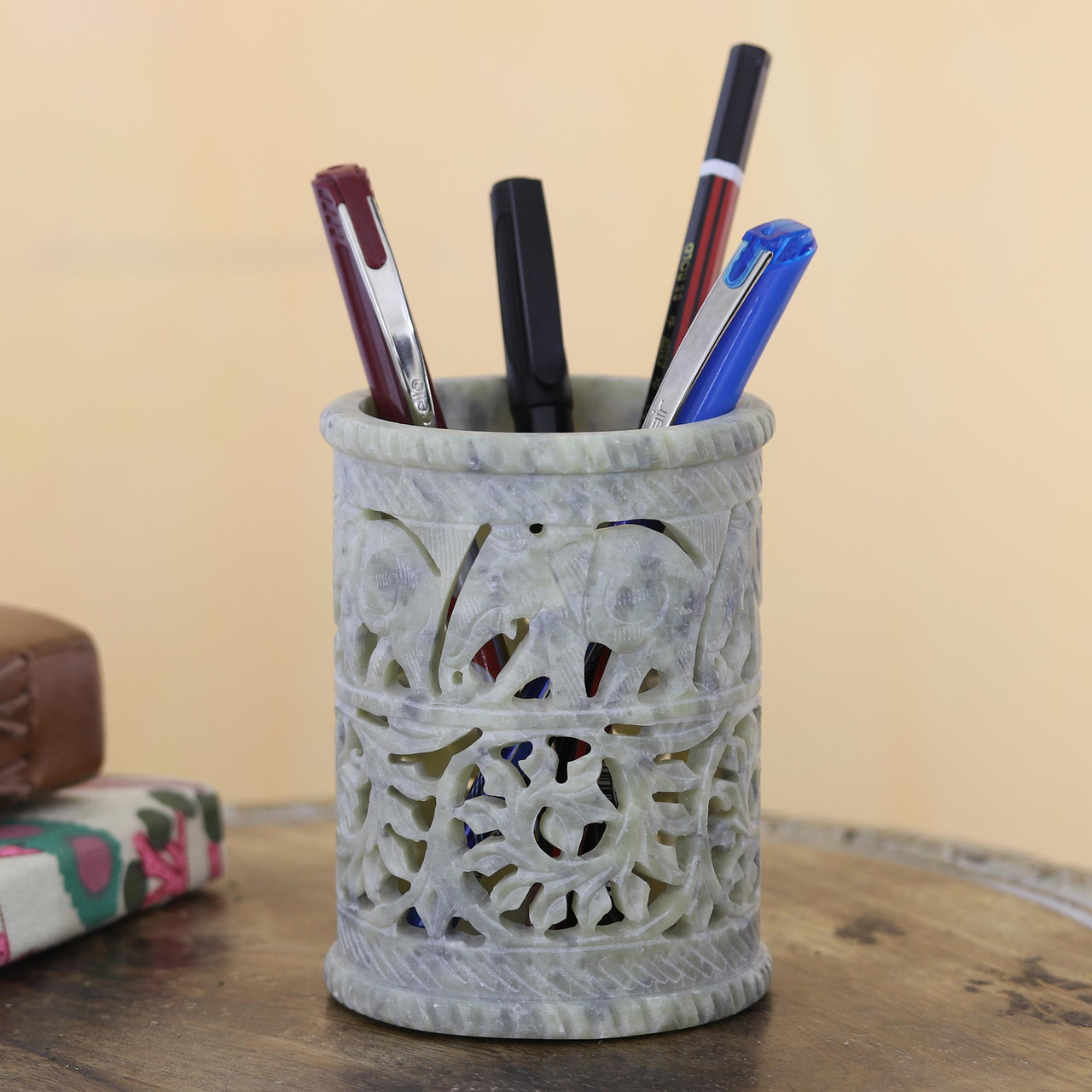 Handcrafted Soapstone Pencil Holder with Elephant Motifs - Helping Elephant