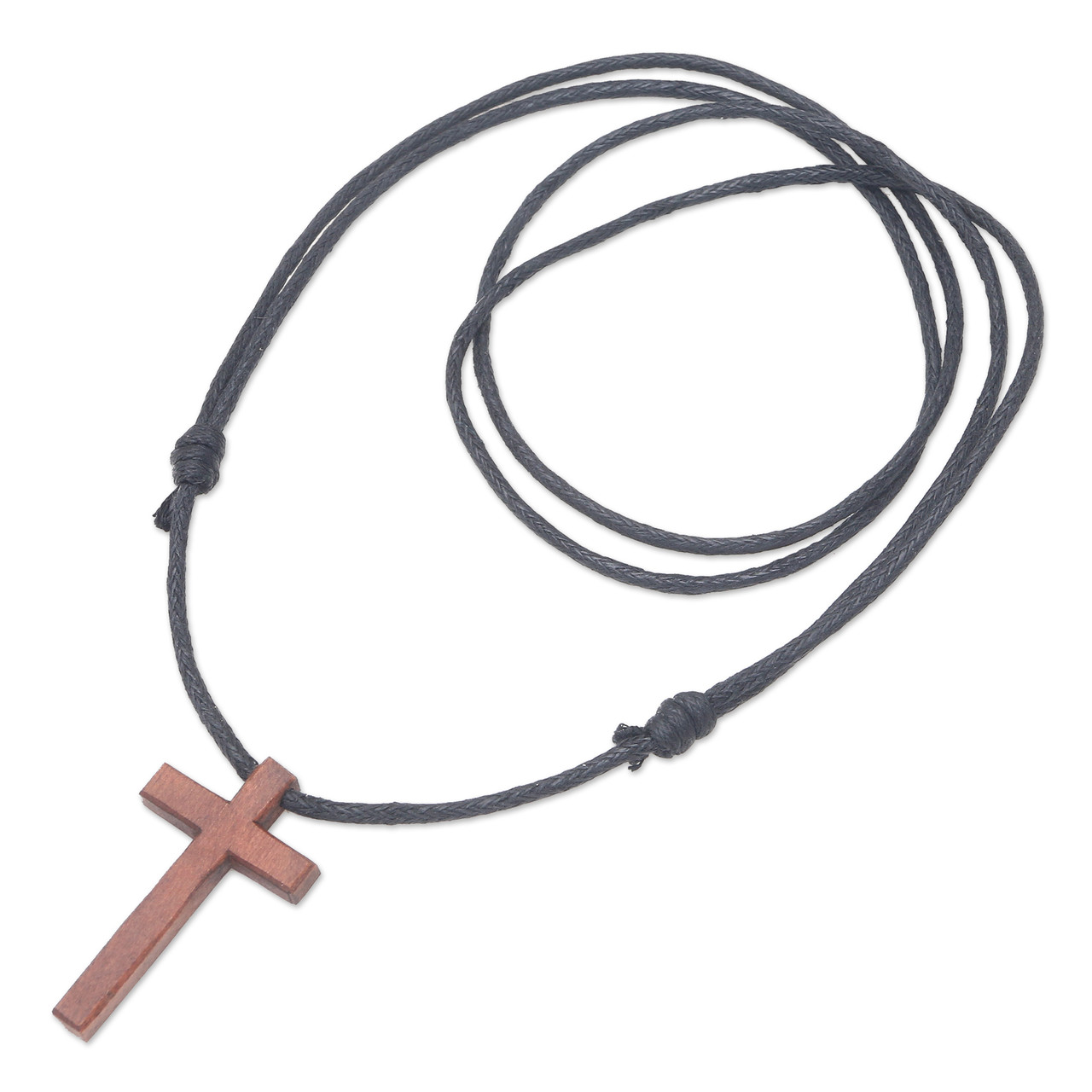 Men's Sawo Wood Cross Pendant Necklace with Cotton Cord, 'Natural Blessing