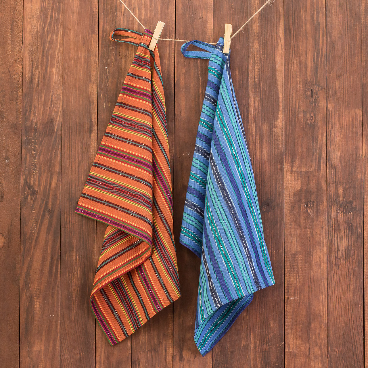 Pair of Striped Cotton Dish Towels Hand-Woven in Guatemala - Kitchen Love
