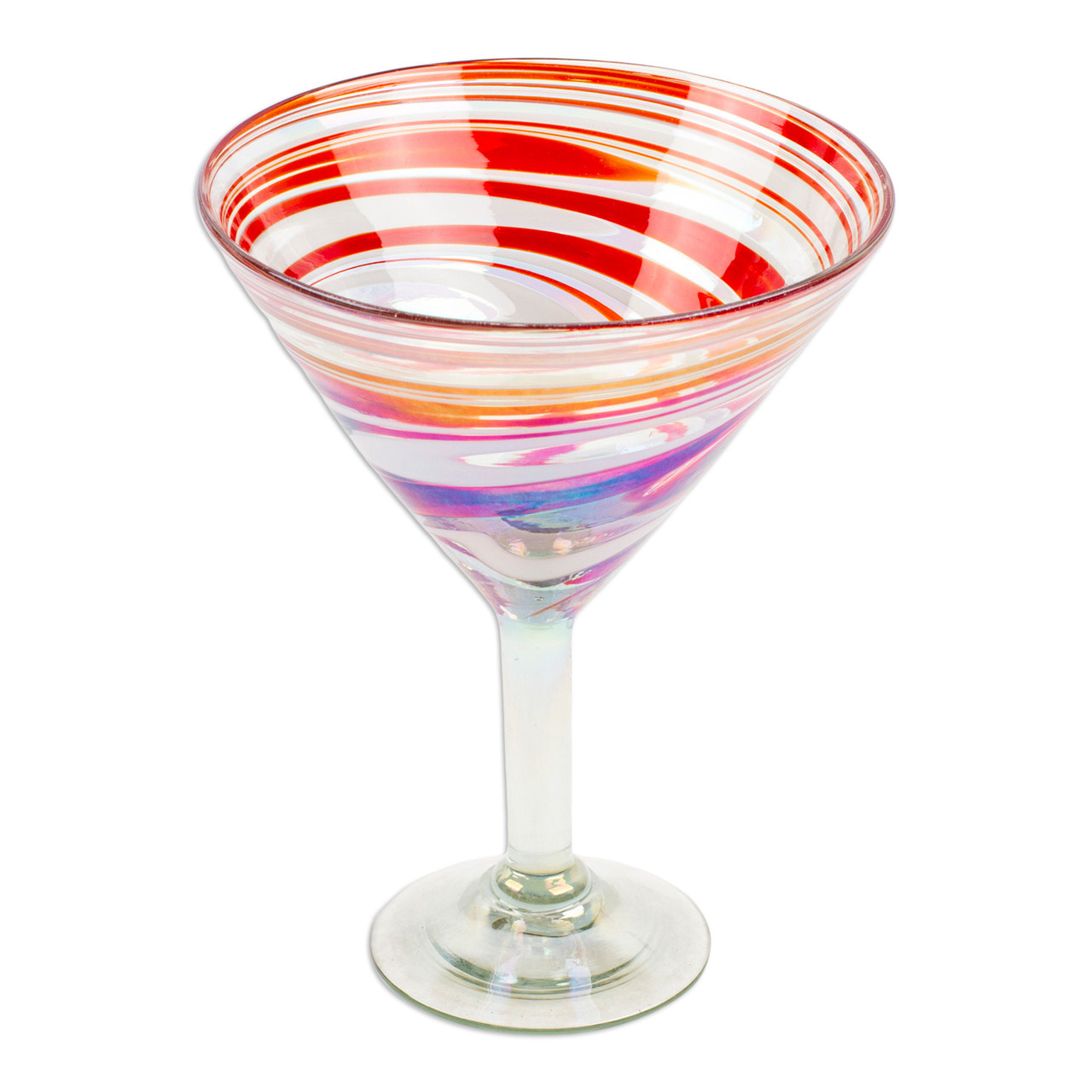 Pair of Eco-Friendly Red and White Handblown Martini Glasses, 'Majestic  Enchantment