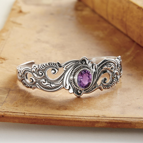 Amethyst and Sterling Silver Cuff Bracelet 'Regal Ivy'