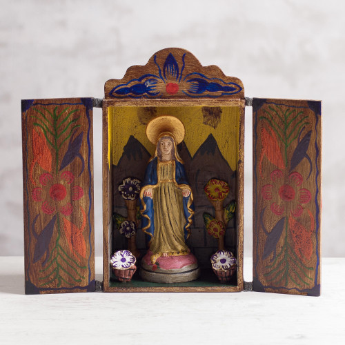 Painted Wood Retablo Andes Folk Art Handmade in Peru 'Virgin Mary'