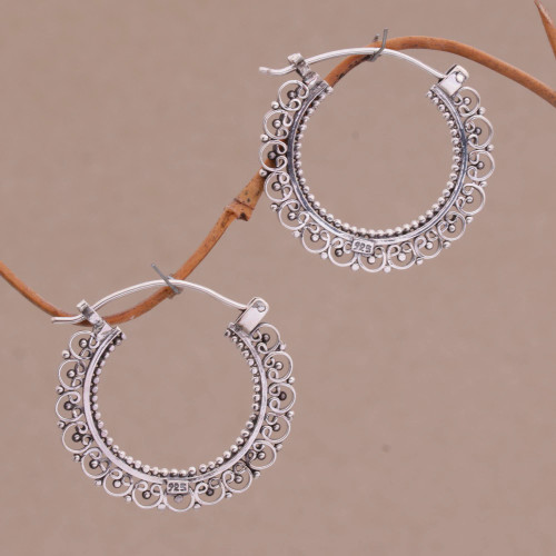 Artisan Jewelry Sterling Silver Hoop Earrings 'Balinese Lace'