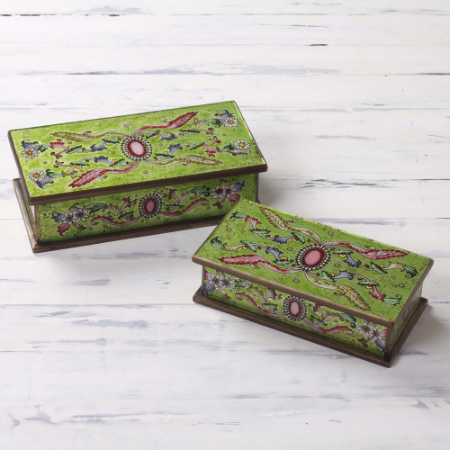 Handcrafted Reverse Painted Glass Jewelry Boxes Pair 'Ruby'
