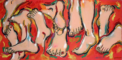 People and Portraits Red Surrealist Painting 'Many Feet'