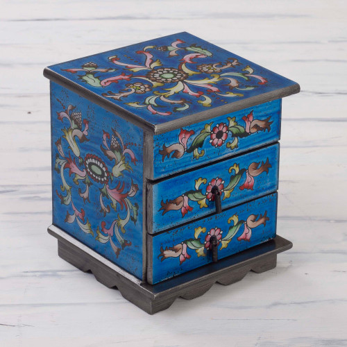 Reverse Painted Glass Jewelry Box Chest with Mirror 'Celestial Blue'