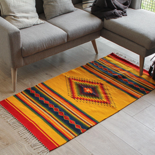 Hand Made Zapotec Wool Area Rug 2.5x5 'Summer Sun'