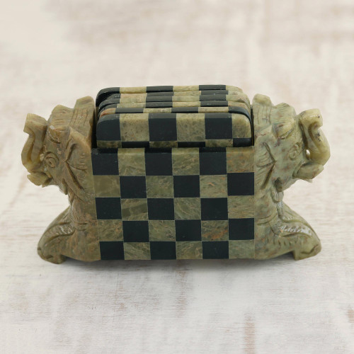 Natural Soapstone Hand Crafted Coasters and Holder 'Elephant Chess'