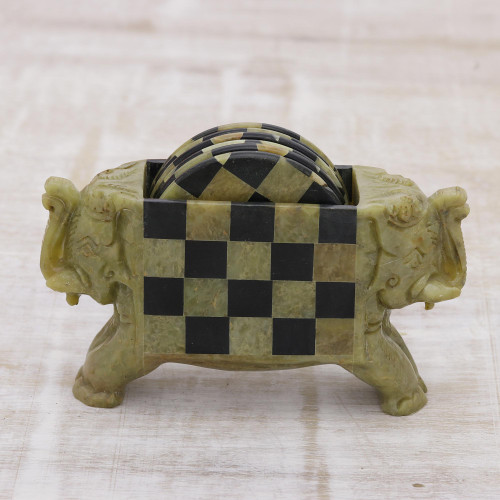 Hand Crafted Soapstone Coasters and Holder Set of 6 'Elephant Checkers'