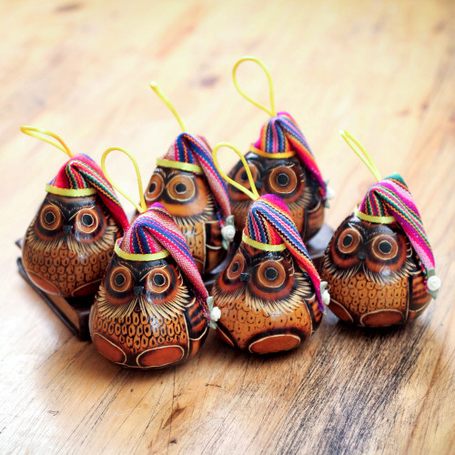 Christmas Mate Gourd Bird Ornament Set of 6 'Christmas Owls'