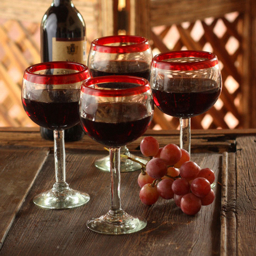 Set of 4 Hand Blown Wine Glasses Clear with Red Rim Mexico 'Ruby Globe'