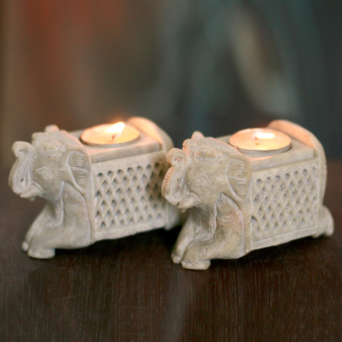 Soapstone candleholders 'Versatile Elephants'