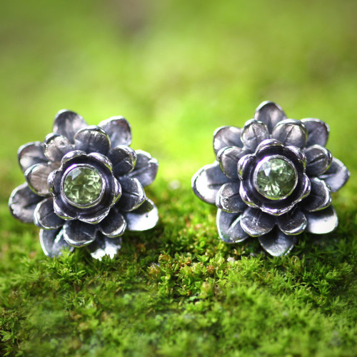 Unique Floral Peridot Sterling Silver Button Earrings 'Green-Eyed Lotus'
