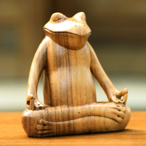 Hand Made Wood Sculpture 'Frog Meditates'